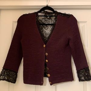 Elaris Burgundy Cardigan Black Lace and Stretch Medium top